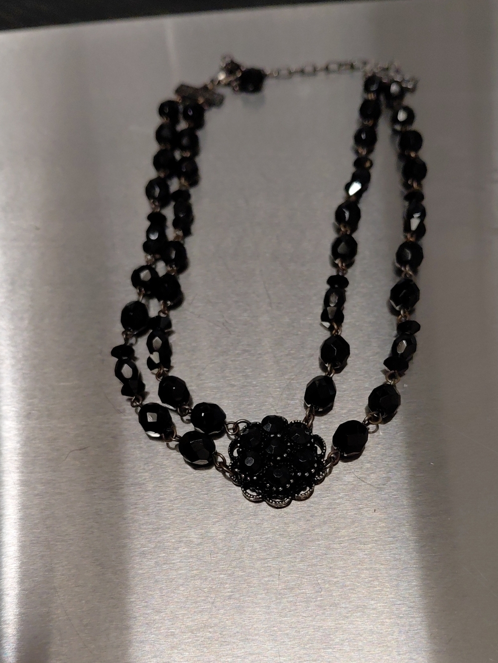 Black Beaded Double Strand Choker with Filigree Pendant